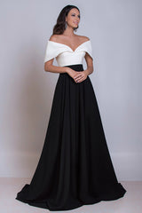Schwarz Weiß Schulterfreies Langes Ballkleid aus Satin