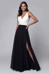 Langes V-Ausschnitt A-Linie Ballkleid in Schwarz-Weiß mit Schlitz