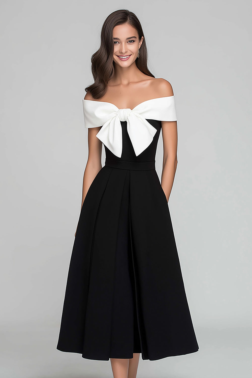Schwarz-Weiß Schulterfreies Langes Ballkleid mit Schleife