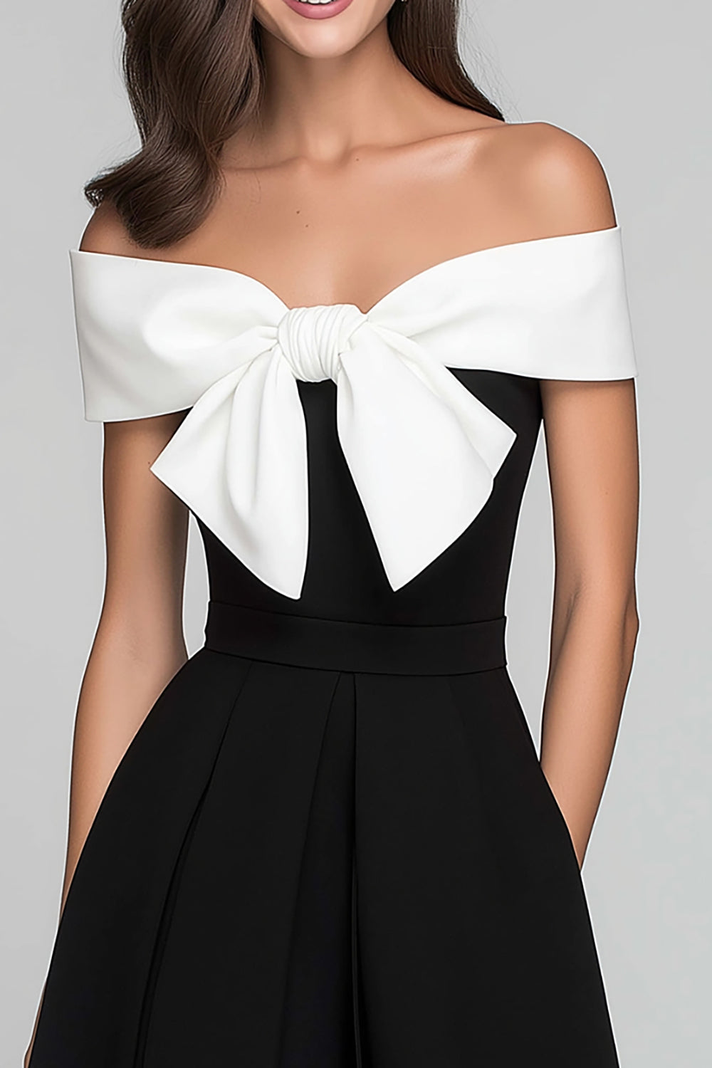 Schwarz-Weiß Schulterfreies Langes Ballkleid mit Schleife