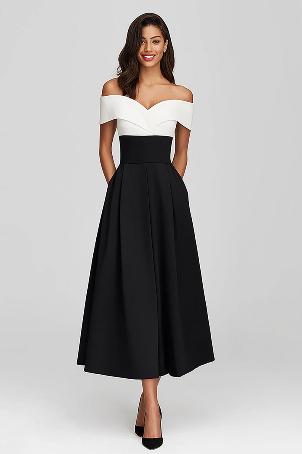 Schwarz Weiß Schulterfreies Langes Ballkleid aus Satin mit Taschen