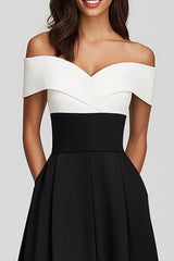 Schwarz Weiß Schulterfreies Langes Ballkleid aus Satin mit Taschen