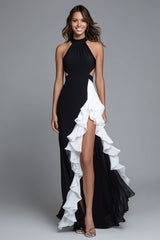 Schwarz-Weißes Langes A-Linie Abendkleid mit Rüschen