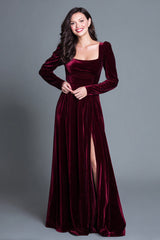 Quadratischer Ausschnitt Burgunder A-Linie Samt Ballkleid mit Schlitz