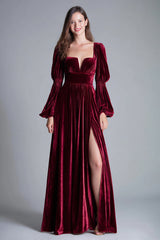 Burgunder A-Linie Abendkleid aus Samt mit quadratischem Ausschnitt und Schlitz