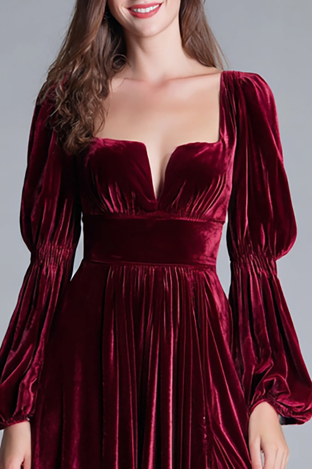 Burgunder A-Linie Abendkleid aus Samt mit quadratischem Ausschnitt und Schlitz