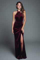 Burgunderrotes Neckholder Samt Langes Ballkleid mit Schlitz