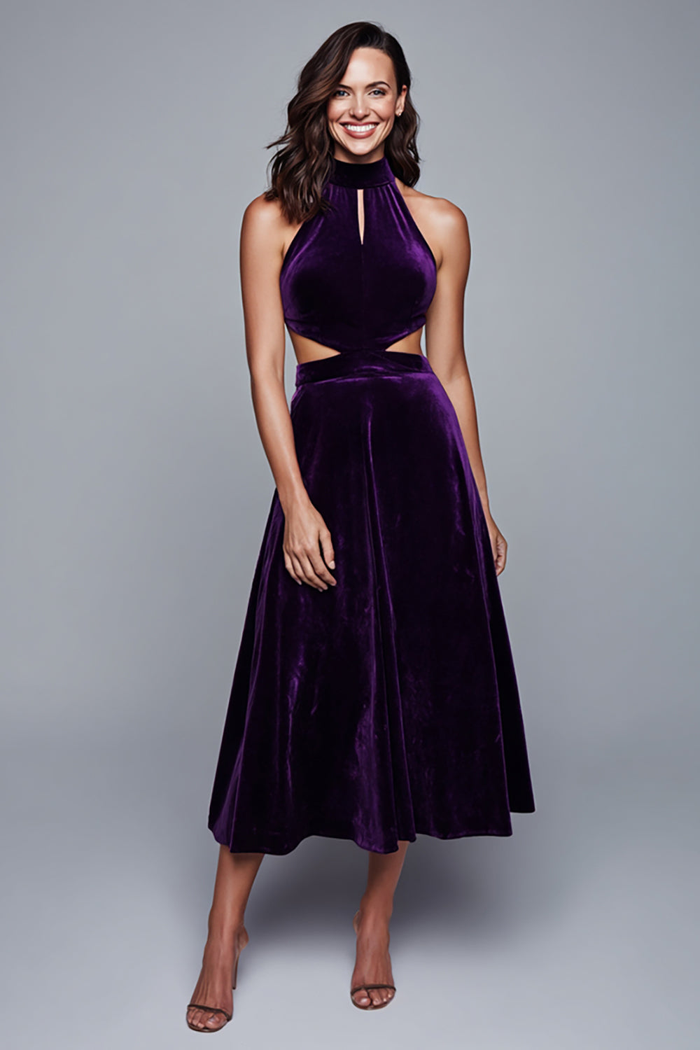 Pflaume Neckholder A-Linie Ballkleid aus Samt