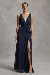 Marineblaues A-Linie Ballkleid aus Chiffon mit V-Ausschnitt und Schlitz