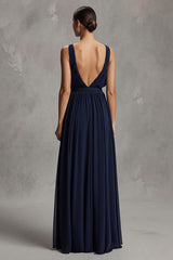 Marineblaues A-Linie Ballkleid aus Chiffon mit V-Ausschnitt und Schlitz