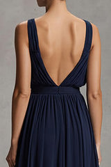 Marineblaues A-Linie Ballkleid aus Chiffon mit V-Ausschnitt und Schlitz