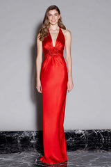 Rotes Langes Ballkleid aus Satin mit V-Ausschnitt und 3D-Blume