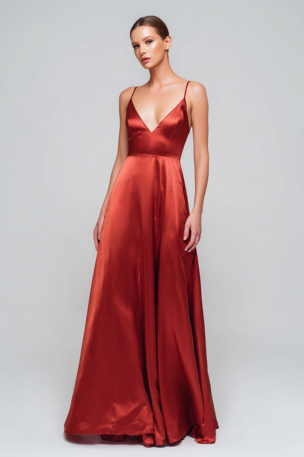 Rotes Langes Ballkleid aus Satin mit Spaghettiträgern in A-Linie