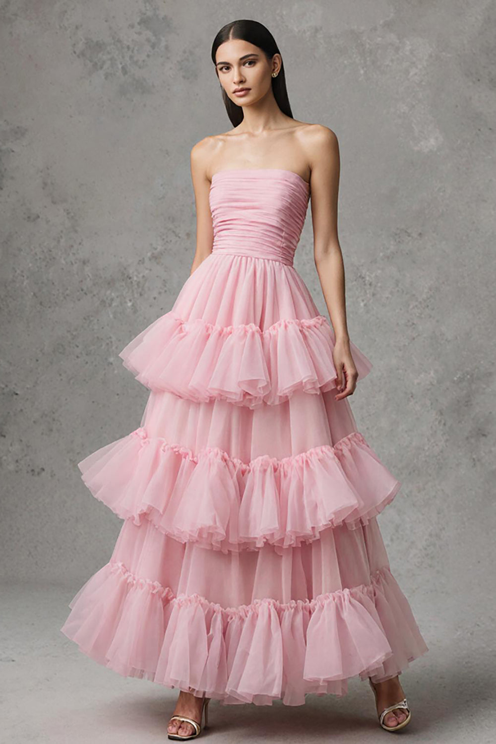 Rosa Tüll A Linie Gestuftes Trägerloses Langes Ballkleid mit Rüschen