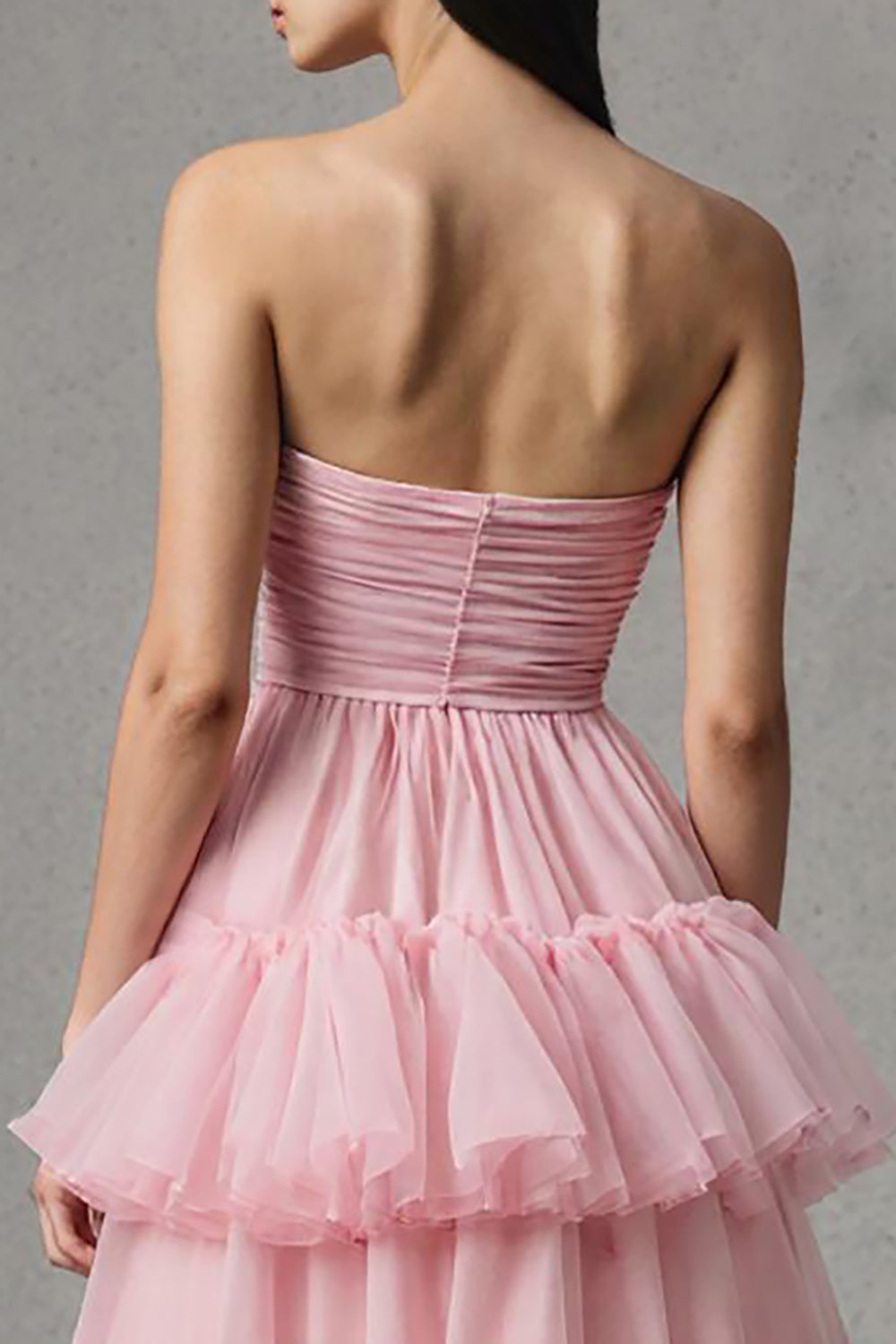 Rosa Tüll A Linie Gestuftes Trägerloses Langes Ballkleid mit Rüschen
