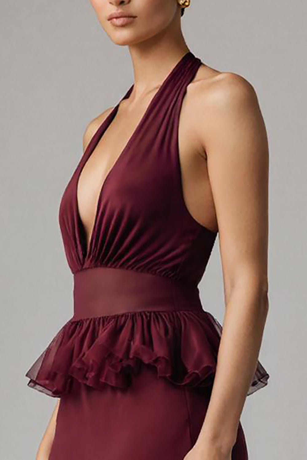 Burgunder Chiffon Neckholder Langes Ballkleid mit Rüschen und tiefem V-Ausschnitt aus Chiffon
