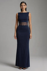 Marineblaues Meerjungfrauen Maxi Ballkleid mit Bateau-Ausschnitt