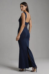 Marineblaues Meerjungfrauen Maxi Ballkleid mit Bateau-Ausschnitt