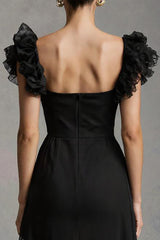 Schwarzes Maxi Ballkleid in A-Linie mit quadratischem Ausschnitt und Rüschen