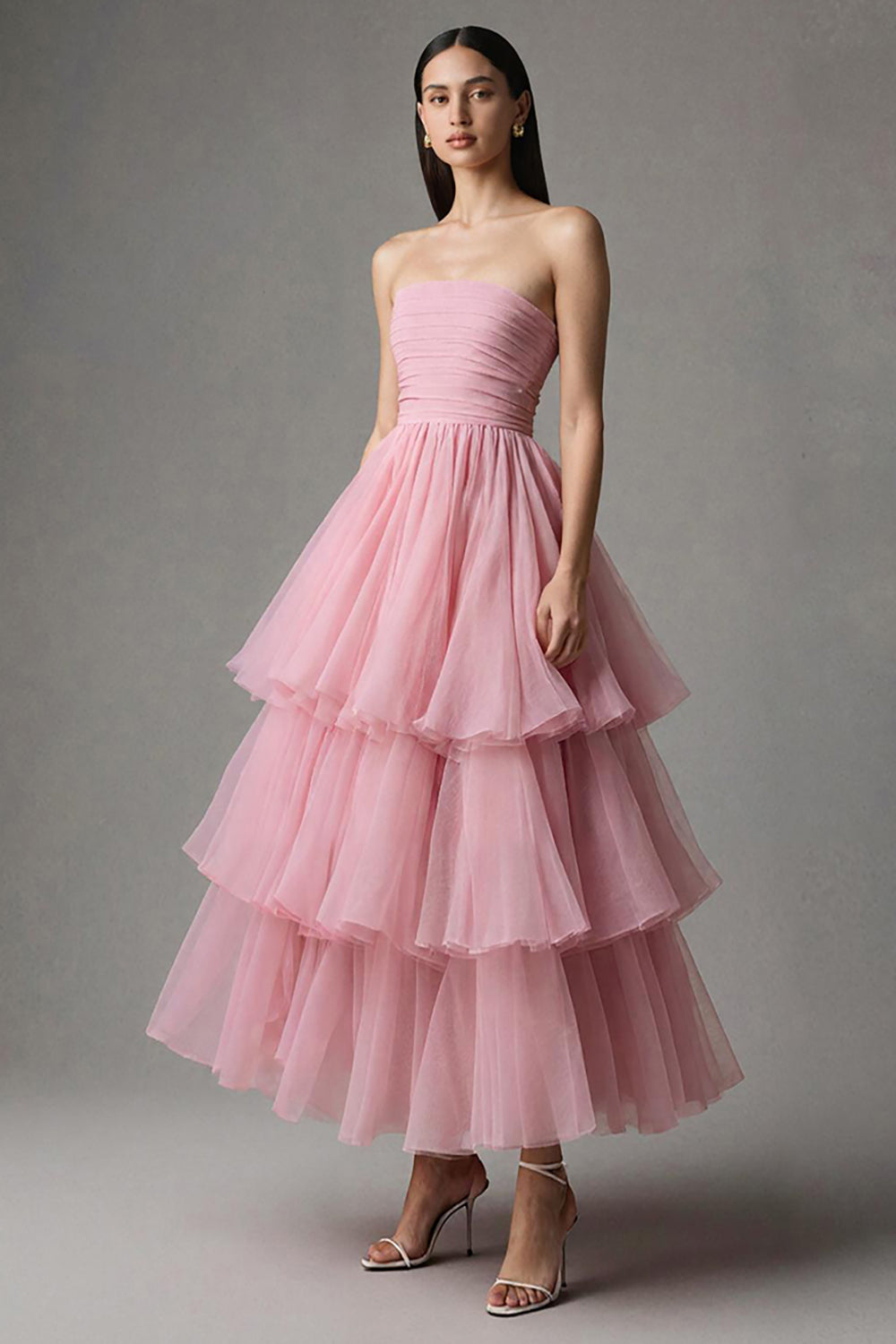 Rosa A Linie Trägerloses Gestuftes Maxi Abendkleid mit Rüschen