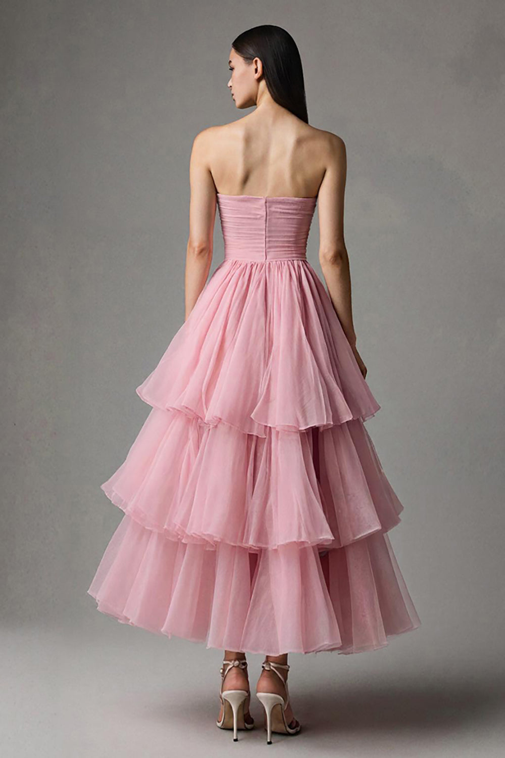 Rosa A Linie Trägerloses Gestuftes Maxi Abendkleid mit Rüschen
