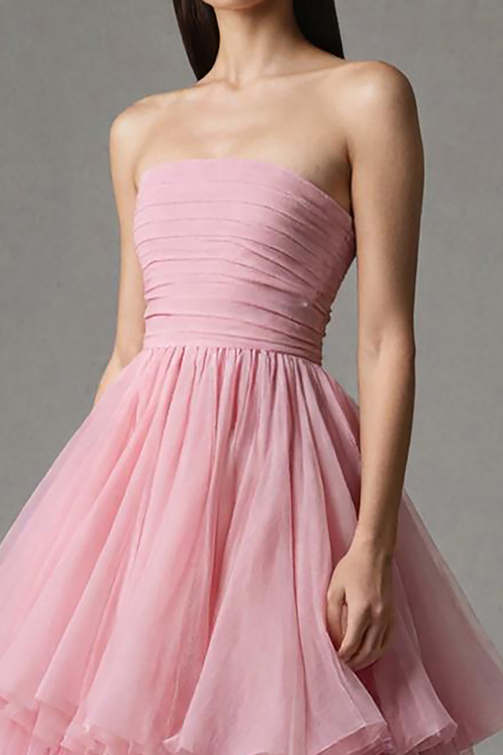 Rosa A Linie Trägerloses Gestuftes Maxi Abendkleid mit Rüschen