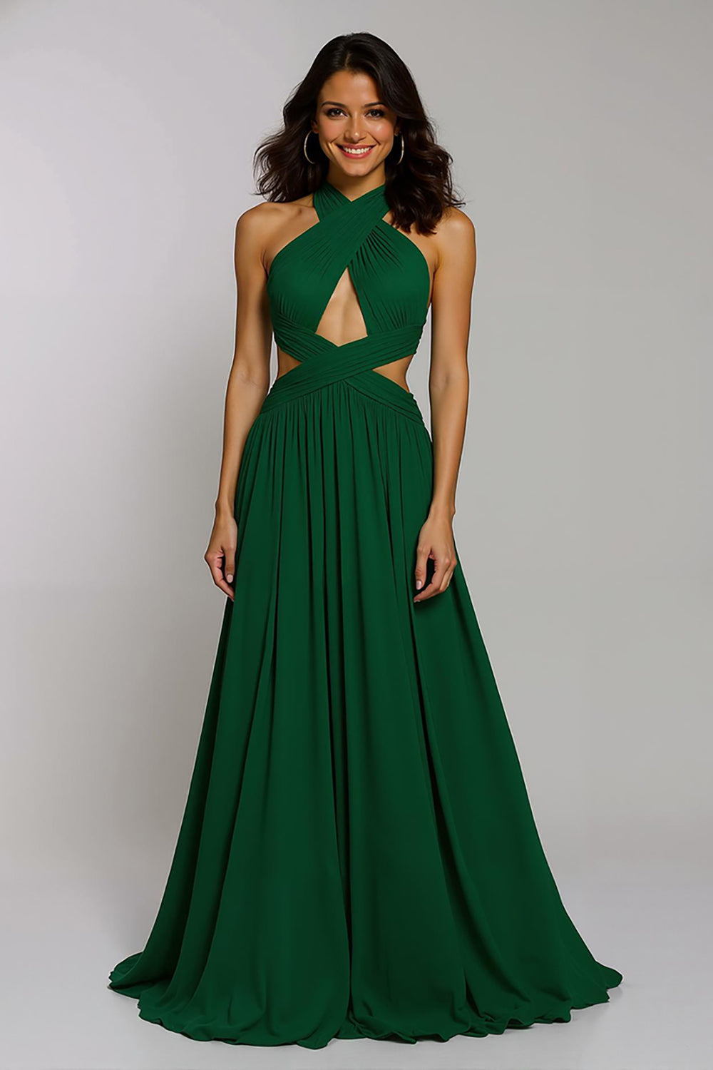 Dunkelgrünes Neckholder A-Linie Abendkleid mit offenem Rücken