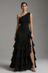 Schwarzes A-Linie Stufen Maxi Ballkleid mit Schlitz