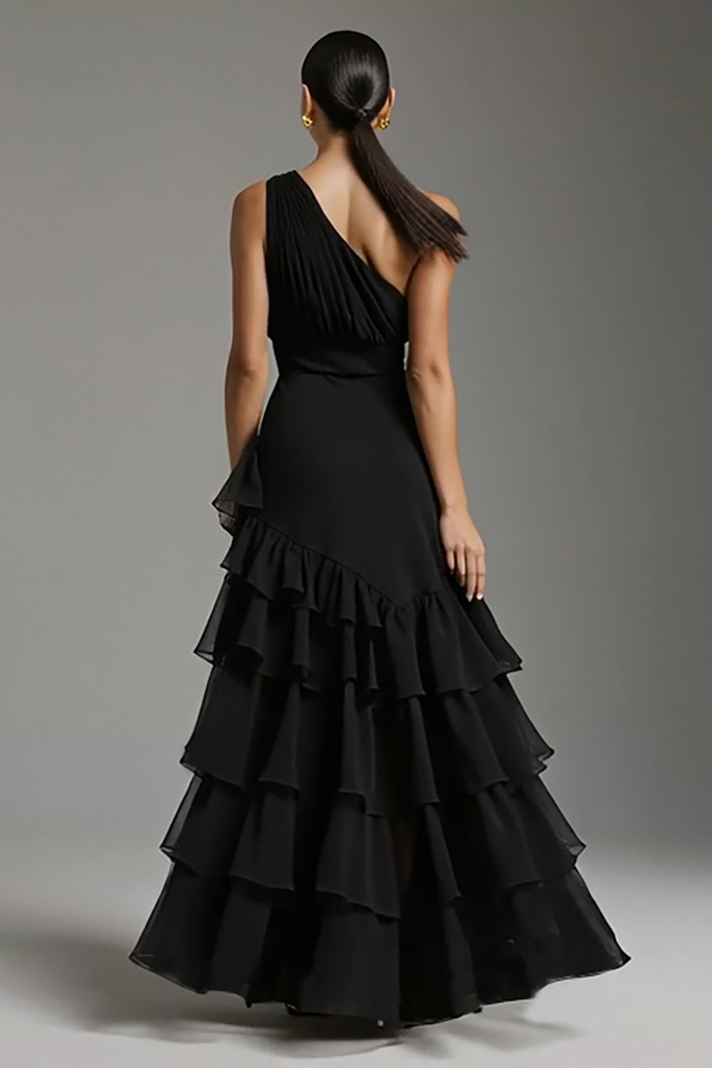 Schwarzes A-Linie Stufen Maxi Ballkleid mit Schlitz