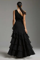 Schwarzes A-Linie Stufen Maxi Ballkleid mit Schlitz