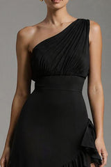 Schwarzes A-Linie Stufen Maxi Ballkleid mit Schlitz