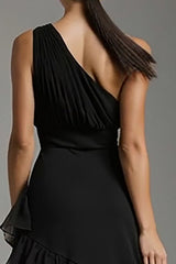 Schwarzes A-Linie Stufen Maxi Ballkleid mit Schlitz