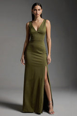 Olive Maxi Ballkleid mit V-Ausschnitt und Schlitz