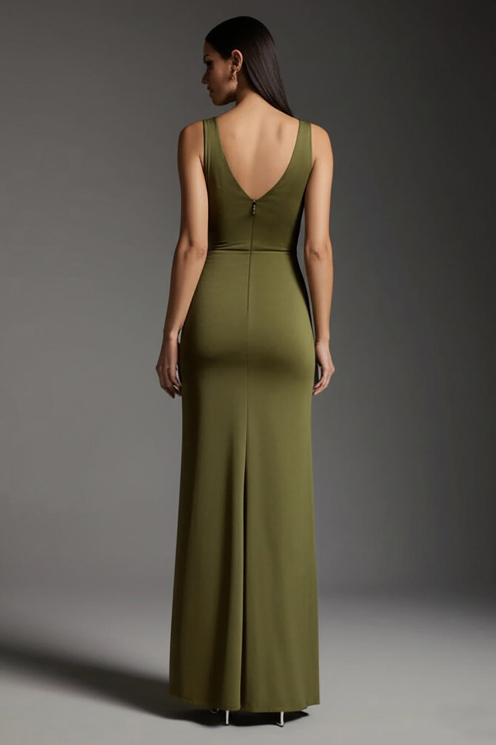 Olive Maxi Ballkleid mit V-Ausschnitt und Schlitz