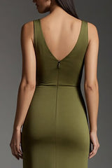 Olive Maxi Ballkleid mit V-Ausschnitt und Schlitz