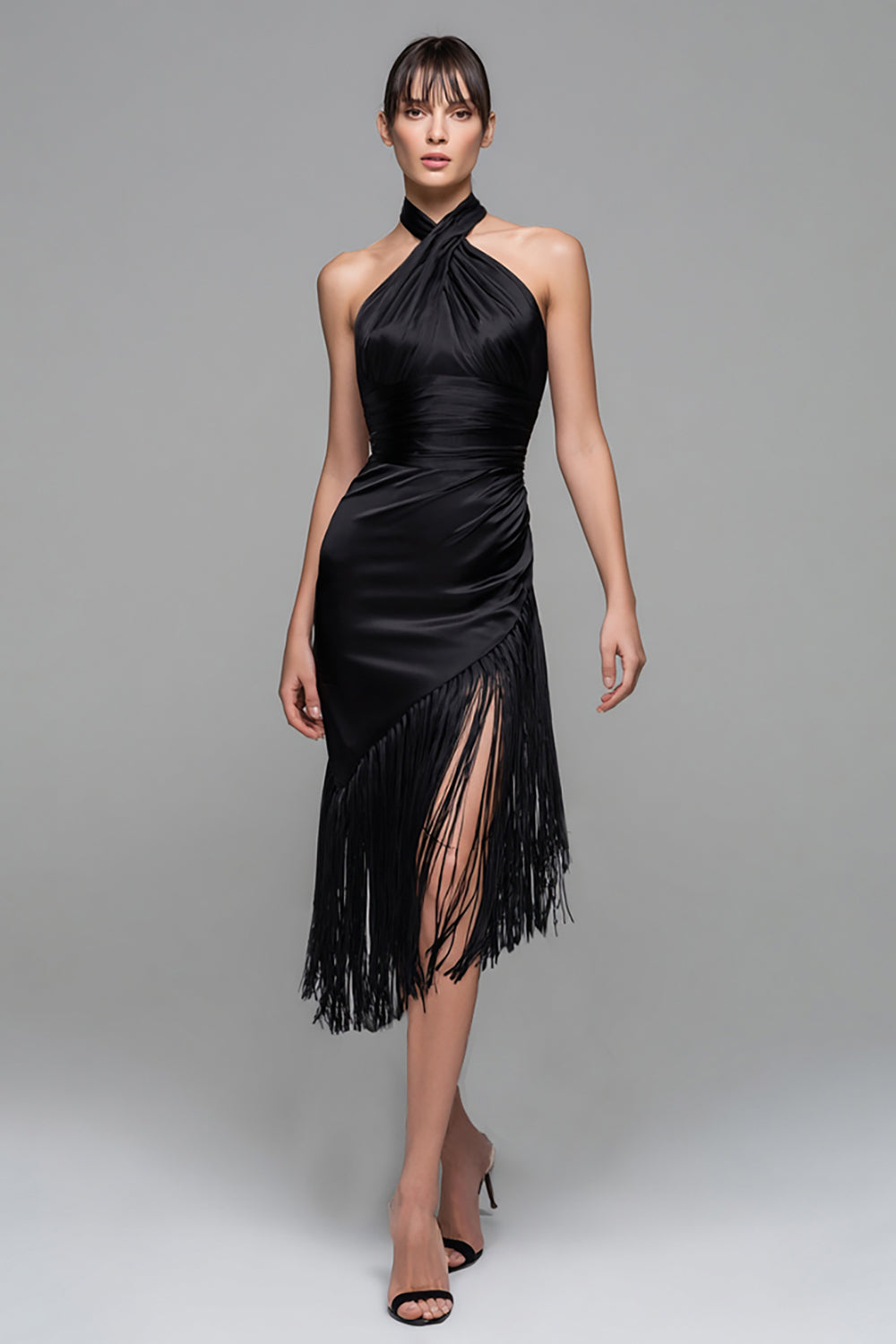 Schwarzes Etui Midi Partykleid mit Neckholder und Fransen