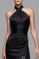 Schwarzes Etui Midi Partykleid mit Neckholder und Fransen