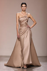 Champagner Langes Abendkleid aus Satin mit Rüschen