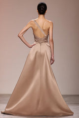 Champagner Langes Abendkleid aus Satin mit Rüschen