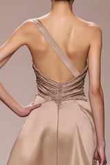 Champagner Langes Abendkleid aus Satin mit Rüschen