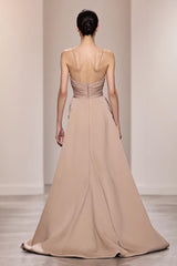 Champagner Langes Rückenfreies Gerafftes Abendkleid aus Satin mit Schlitz