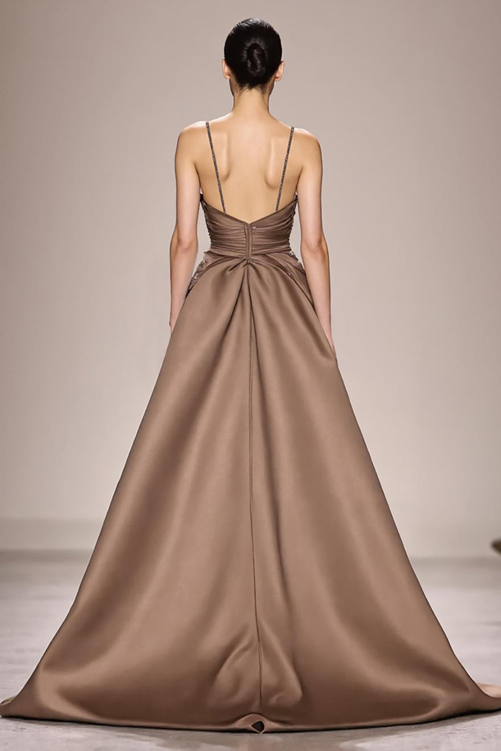 Kaffee Satin Gerafft A Linie Langes Abendkleid mit Schlitz
