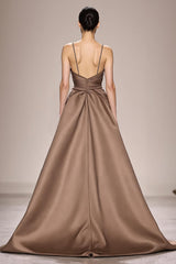 Kaffee Satin Gerafft A Linie Langes Abendkleid mit Schlitz