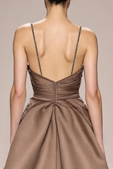 Kaffee Satin Gerafft A Linie Langes Abendkleid mit Schlitz