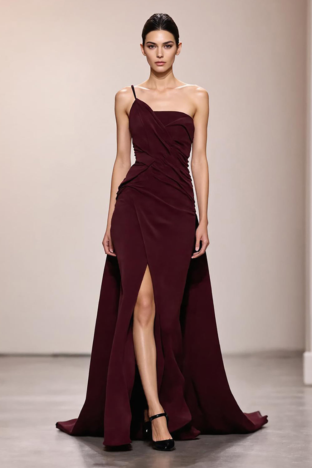 Burgunder Satin Meerjungfrauen Abendkleid mit Schlitz