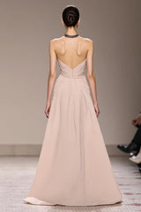 Champagner Satin Neckholder Langes Abendkleid mit Perlenstickerei