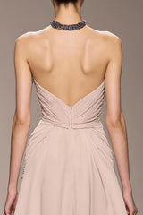 Champagner Satin Neckholder Langes Abendkleid mit Perlenstickerei