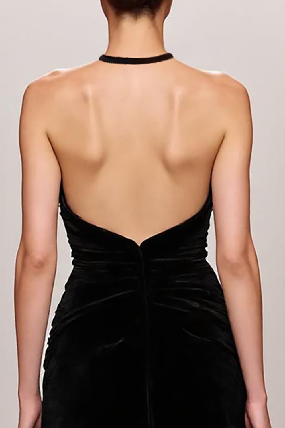 Schwarzes Langes A-Linie Abendkleid aus Samt mit Neckholder
