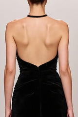 Schwarzes Langes A-Linie Abendkleid aus Samt mit Neckholder