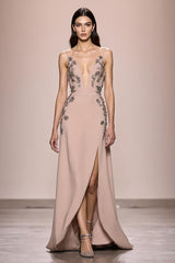 Champagner A Linie Langes Abendkleid aus Satin mit Schlitz